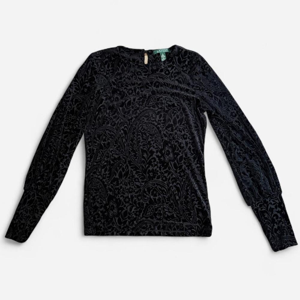 Lauren Ralph Lauren Black Velvet Burnout Paisley Long Sleeve High Neck Goth Top - Picture 6 of 8